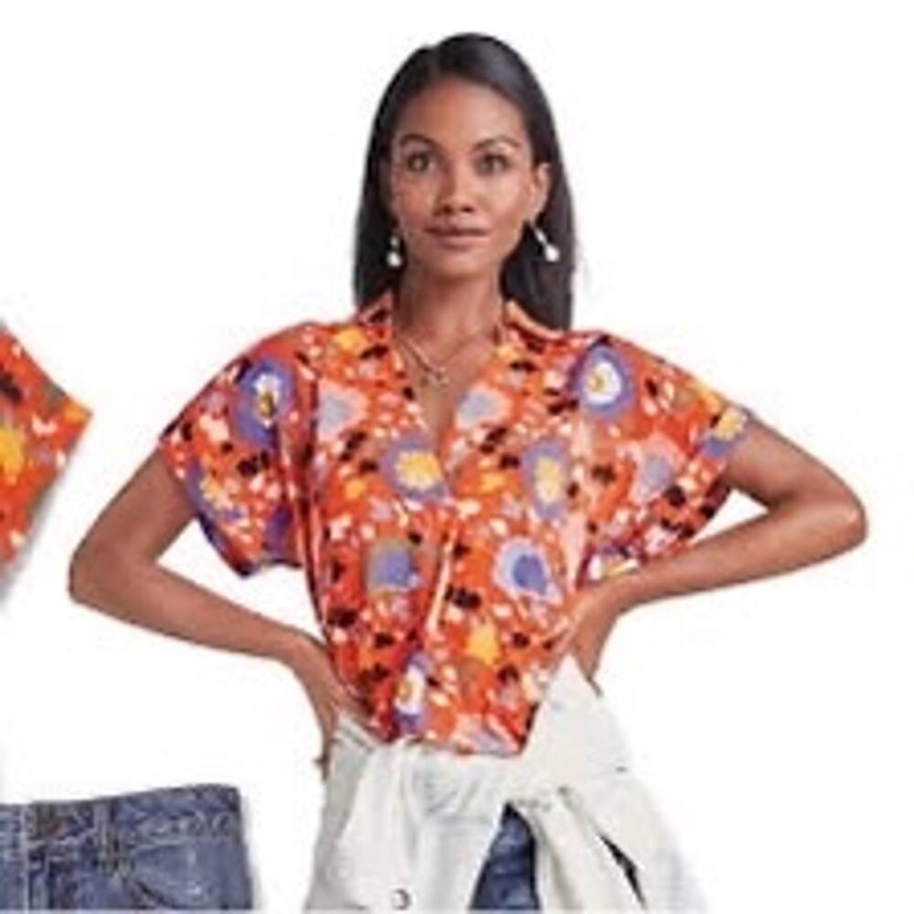 Cabi Visionary Replay Blouse Orange Floral Short Sleeve XXL NWT